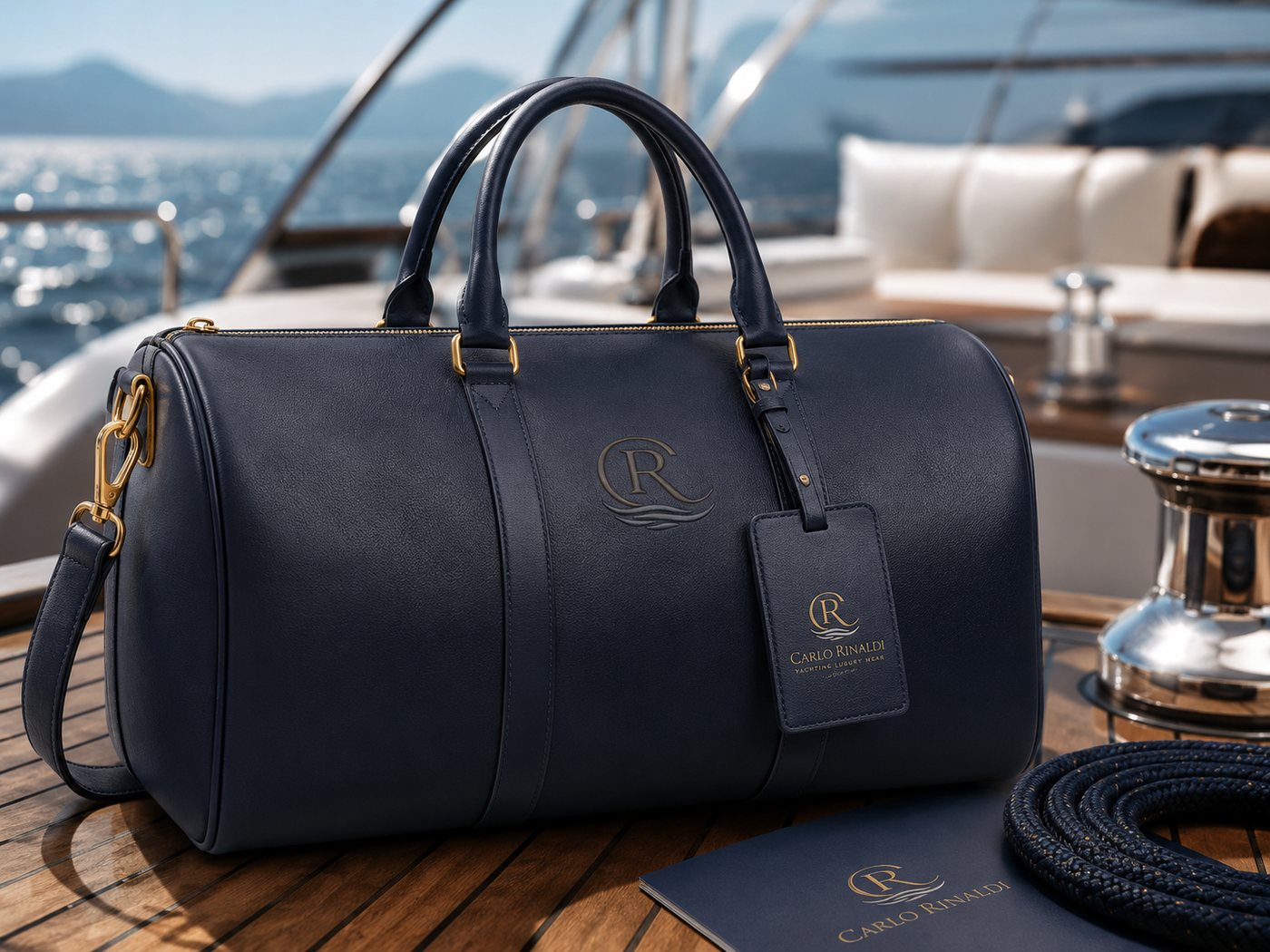 Borsa weekender in pelle blu notte Carlo Rinaldi su ponte in teak