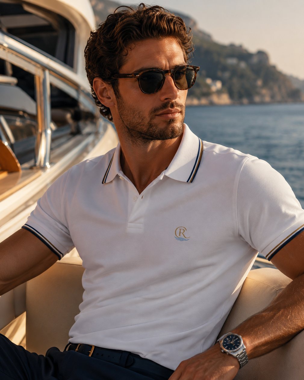 Uomo a bordo di uno yacht indossa la polo bianca Carlo Rinaldi lungo la costa mediterranea