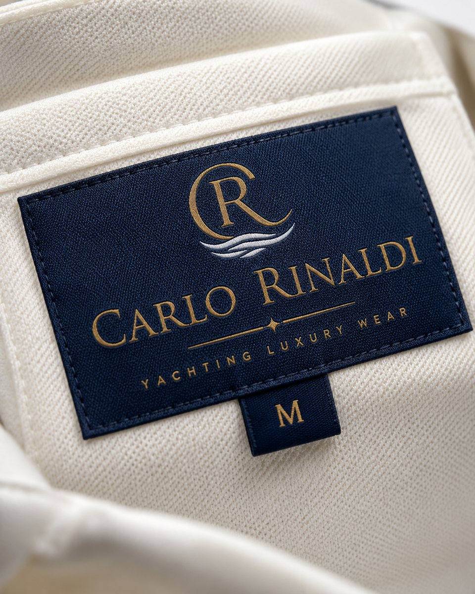 Etichetta tessuta Carlo Rinaldi con monogramma CR in oro su blu notte