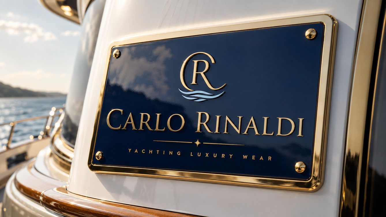 Targa in ottone e blu notte con il logo Carlo Rinaldi a bordo di uno yacht