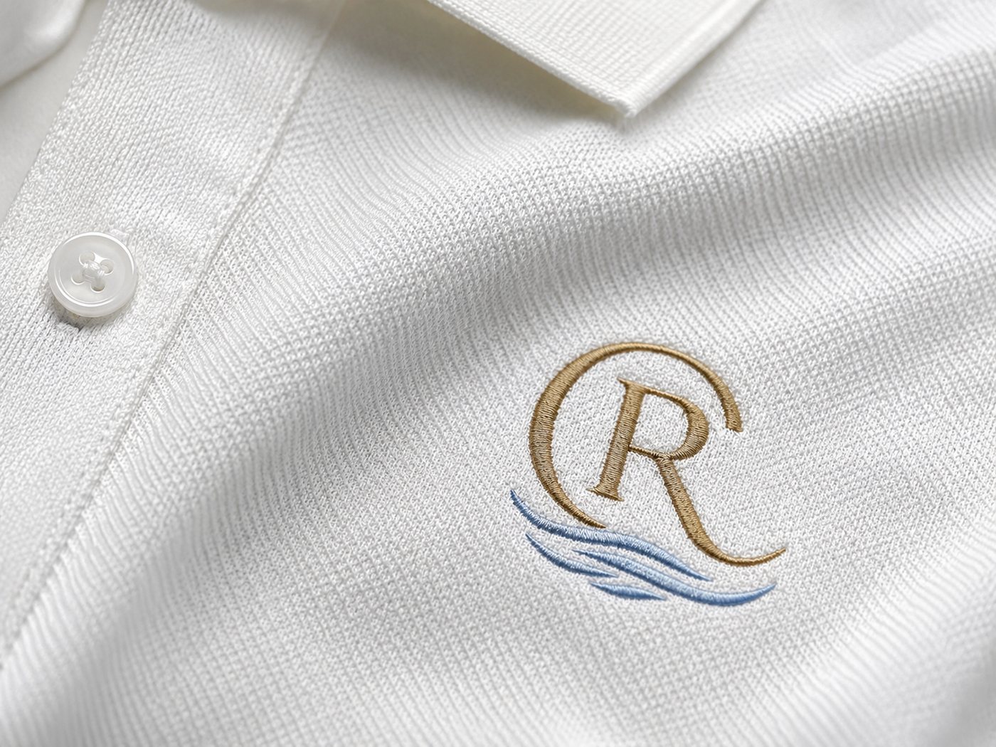 Dettaglio del monogramma CR ricamato in oro e azzurro sulla polo bianca