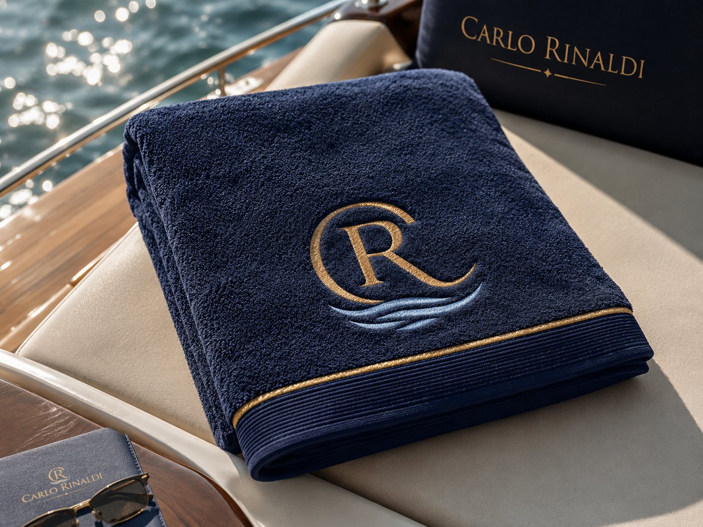 Telo da bordo blu notte con monogramma CR ricamato